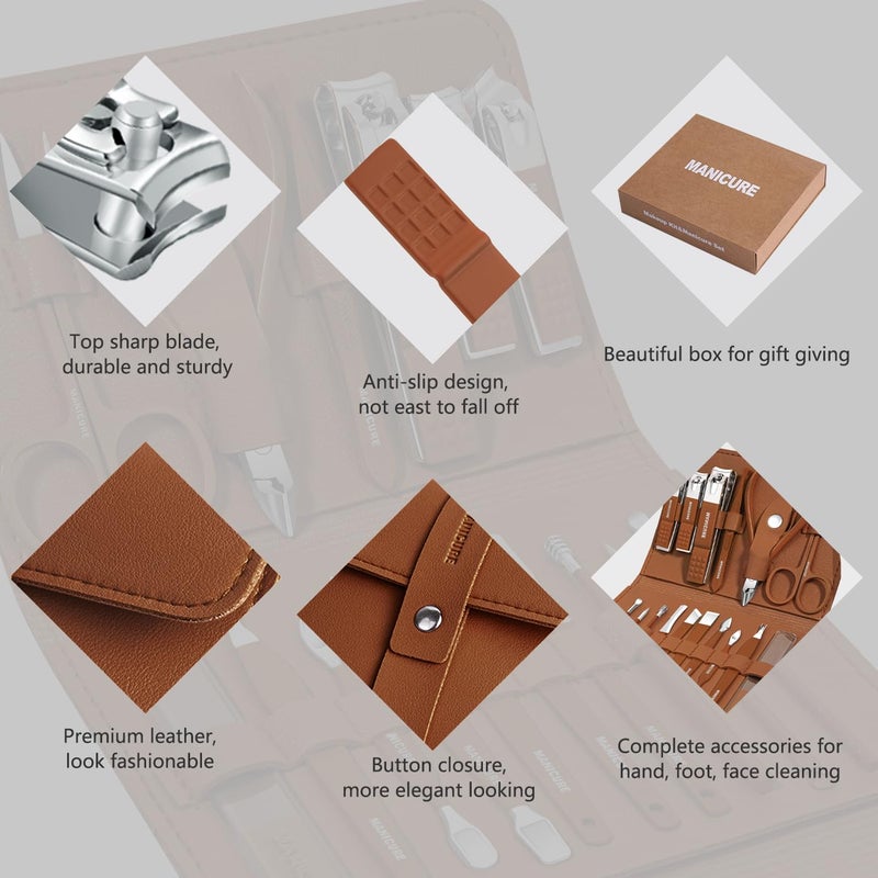 Leipple Manicure Set Professional Nail Clippers Pedicure Kit, 16 pcs Stainless Steel Nail Care Tools Grooming Kit with Luxurious Travel Leather Case for Thick Nails Men Women Gift (Brown) - Image 5